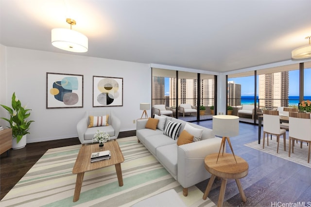 living room with a wealth of natural light, a water view, and dark hardwood / wood-style floors