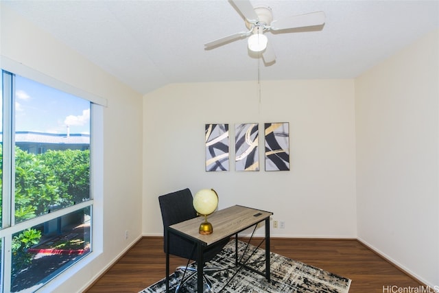 office area with ceiling fan and dark hardwood / wood-style flooring