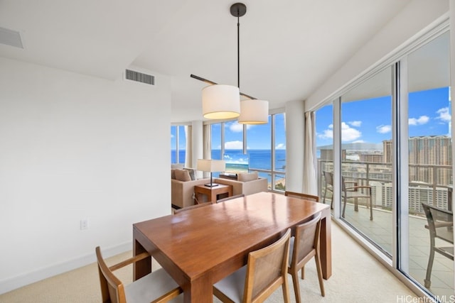 carpeted dining space featuring a water view