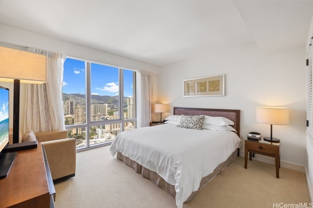 bedroom with light colored carpet