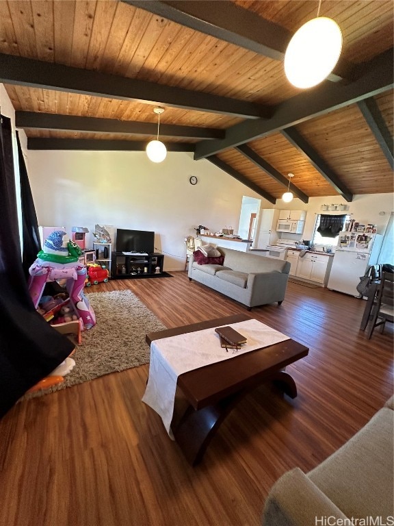 living room featuring dark wood-type flooring, vaulted ceiling with beams, and wooden ceiling