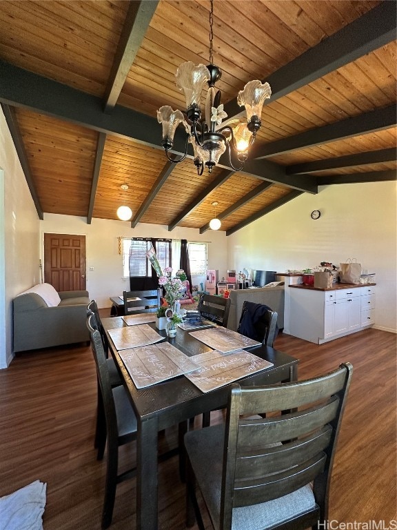 dining room with a notable chandelier, wooden ceiling, dark hardwood / wood-style flooring, and vaulted ceiling with beams