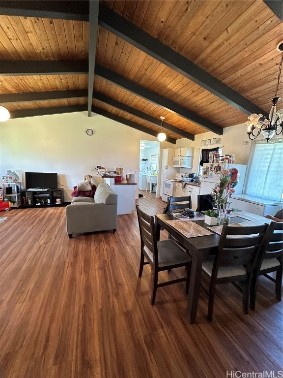 dining space with vaulted ceiling with beams, a notable chandelier, and wood-type flooring