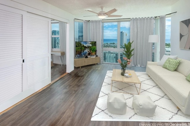 living room with hardwood / wood-style floors, a textured ceiling, and a healthy amount of sunlight