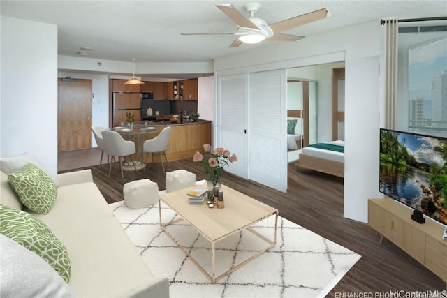 living room with dark hardwood / wood-style floors and ceiling fan