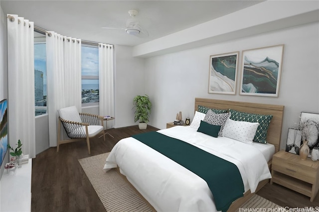 bedroom with ceiling fan and dark hardwood / wood-style flooring