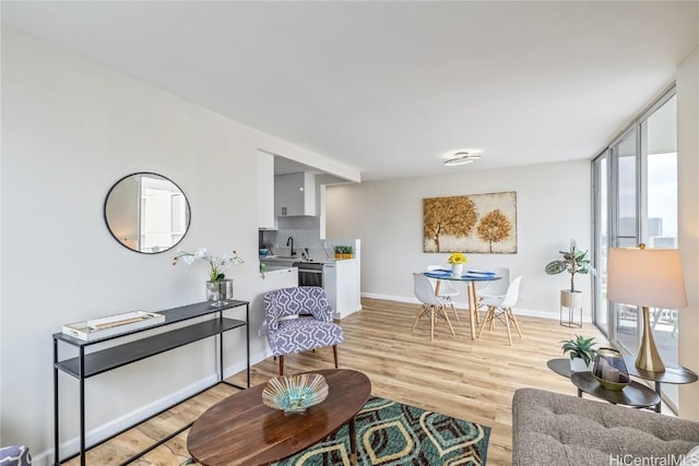 living room featuring light hardwood / wood-style flooring, plenty of natural light, and sink