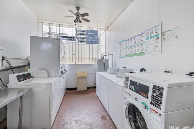 washroom with ceiling fan and washing machine and clothes dryer