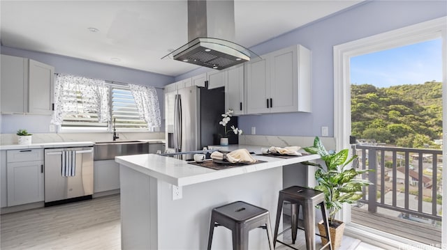 kitchen with white cabinets, a kitchen breakfast bar, sink, island exhaust hood, and stainless steel appliances