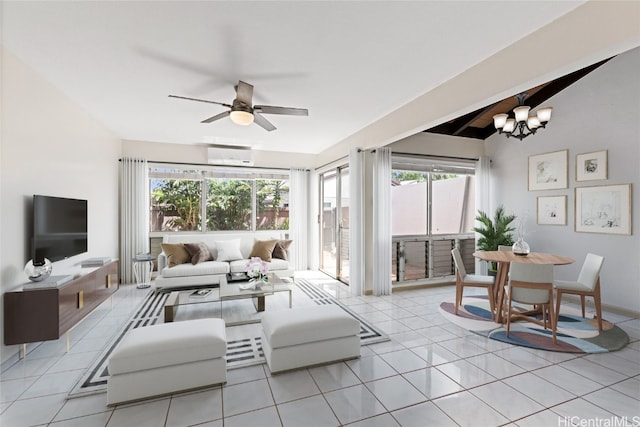 tiled living room with a wall mounted AC, vaulted ceiling with beams, and ceiling fan with notable chandelier