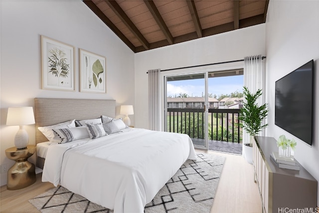 bedroom featuring access to outside, light wood-type flooring, wood ceiling, beamed ceiling, and high vaulted ceiling