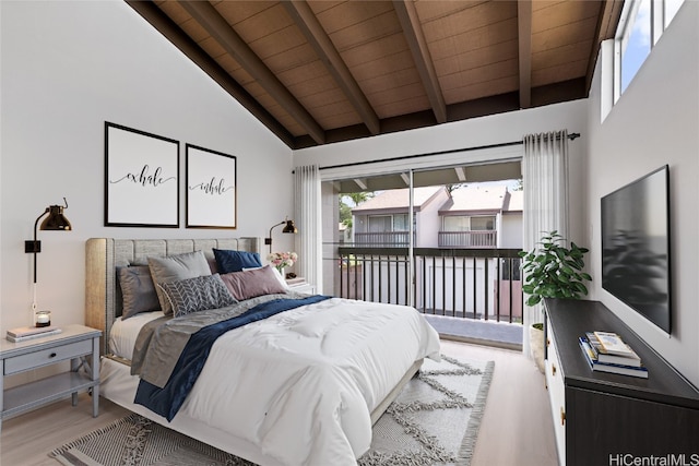 bedroom with access to exterior, beamed ceiling, wooden ceiling, light wood-type flooring, and high vaulted ceiling