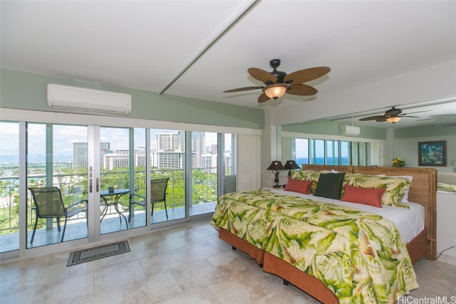 bedroom featuring access to outside, an AC wall unit, and ceiling fan