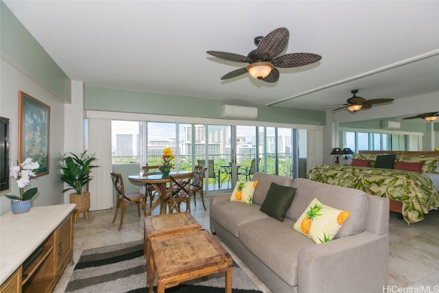 interior space featuring ceiling fan and an AC wall unit