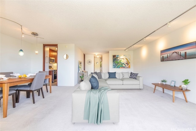 living room with rail lighting, a textured ceiling, and light colored carpet