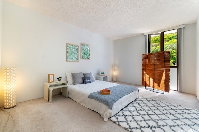 carpeted bedroom with a textured ceiling