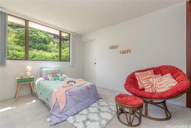 bedroom featuring a textured ceiling and carpet