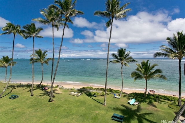 property view of water featuring a beach view