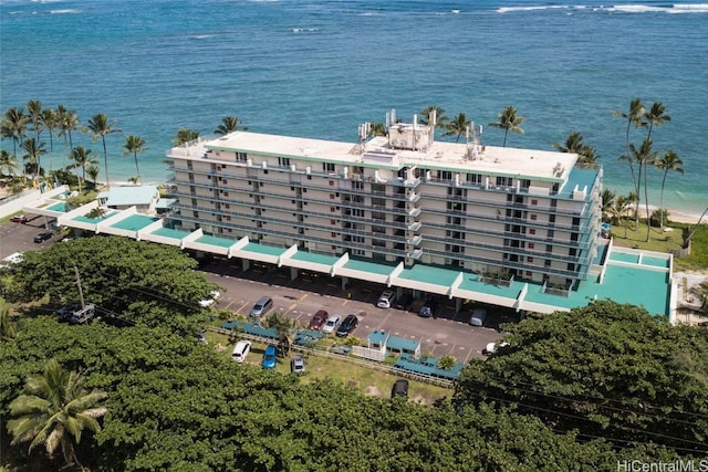 bird's eye view with a water view