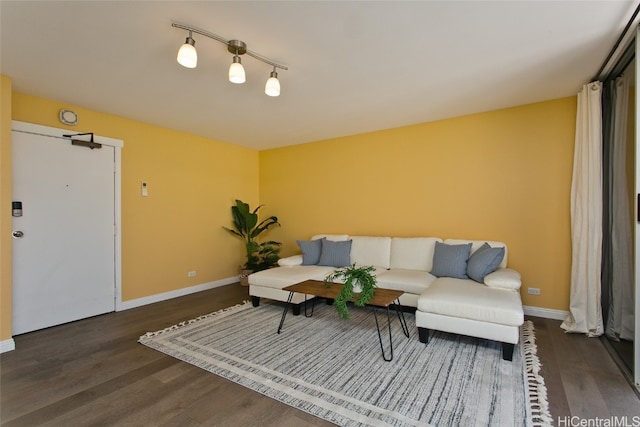 living room featuring rail lighting and dark hardwood / wood-style floors