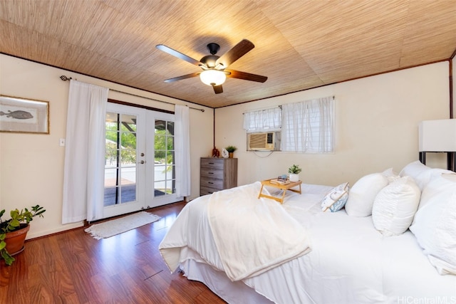 bedroom with access to exterior, french doors, ceiling fan, dark wood-type flooring, and wooden ceiling