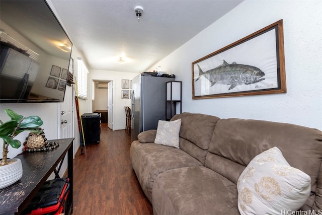 living room with dark hardwood / wood-style flooring