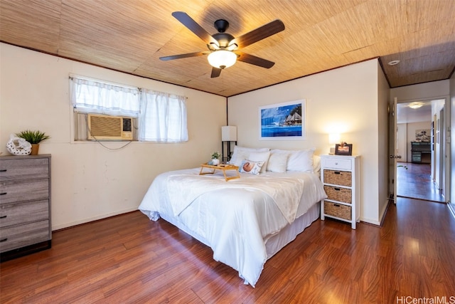 bedroom with ceiling fan, cooling unit, wooden ceiling, and dark wood-type flooring