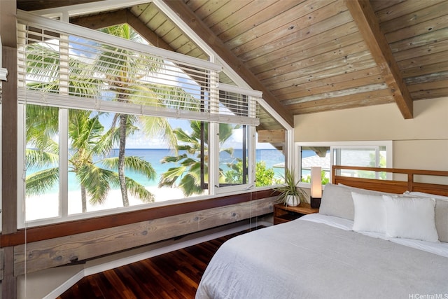 59-557 Ke Iki Rd Unit A, Haleiwa, HI 96712 - bedroom with hardwood / wood-style floors, vaulted ceiling with beams, and multiple windows