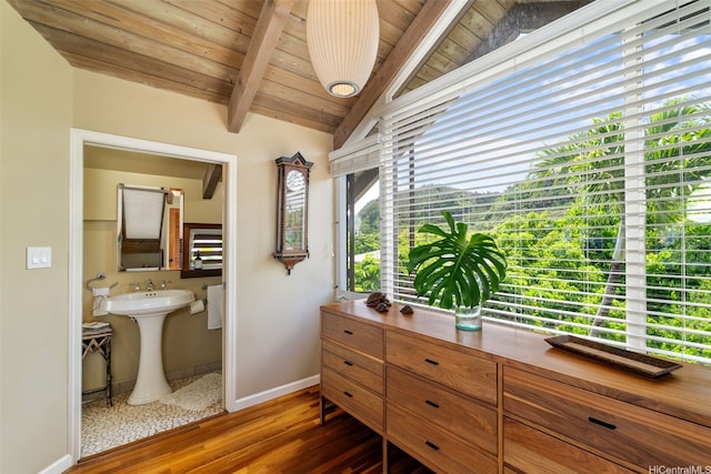 59-557 Ke Iki Rd Unit A, Haleiwa, HI 96712 - bathroom with a sink, wooden ceiling, lofted ceiling with beams, baseboards, and wood finished floors