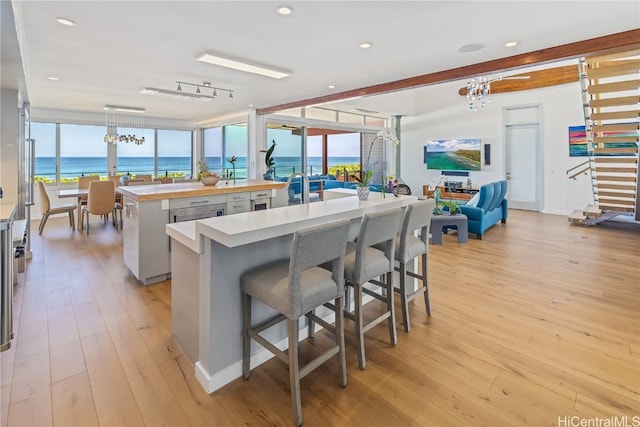 kitchen with a water view, light wood-type flooring, an island with sink, and plenty of natural light