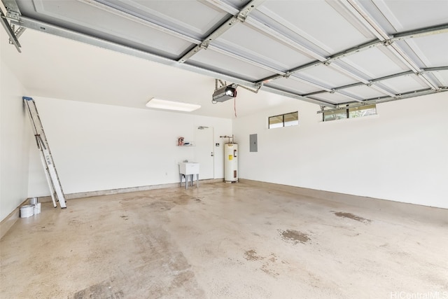 garage featuring a garage door opener, electric panel, and water heater