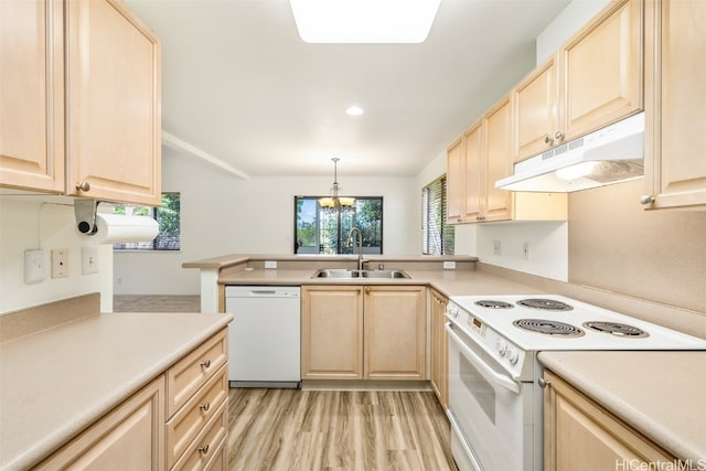 kitchen featuring light brown cabinetry, sink, hanging light fixtures, and white appliances