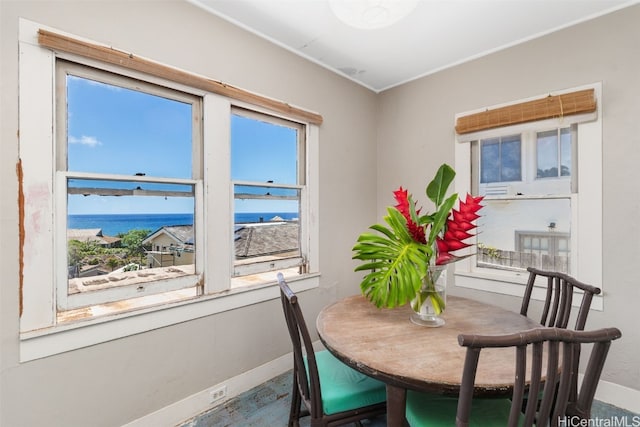 dining room with a healthy amount of sunlight and a water view