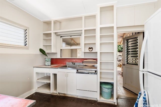 kitchen featuring white appliances, white cabinetry, and sink