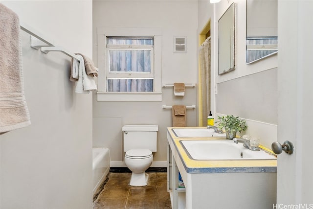 bathroom with vanity, toilet, and tile patterned flooring