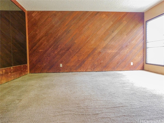 carpeted empty room with a textured ceiling, a wealth of natural light, and wooden walls