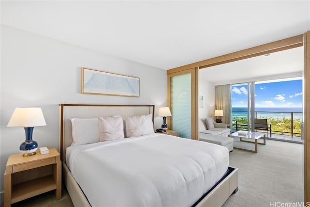 bedroom featuring floor to ceiling windows, a water view, light carpet, and access to outside