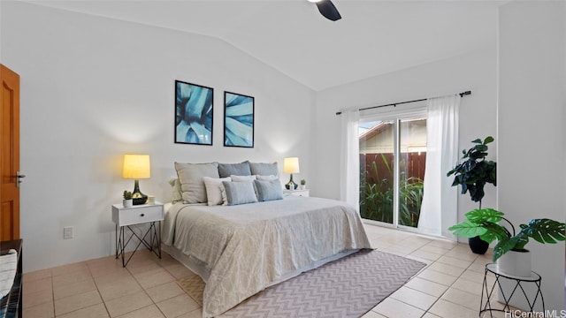 bedroom with access to exterior, vaulted ceiling, ceiling fan, and light tile patterned flooring