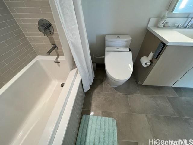 bathroom featuring toilet, shower / tub combo with curtain, tile patterned flooring, and vanity