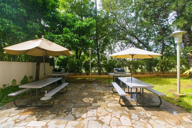 view of patio featuring a grill