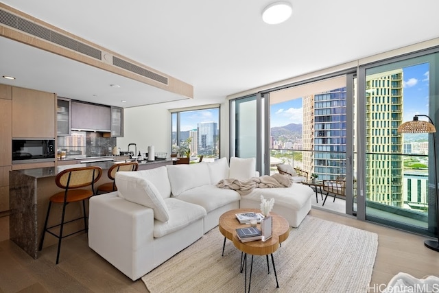 living room with expansive windows, sink, and light wood-type flooring