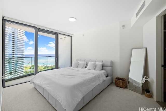 bedroom with light carpet and a water view