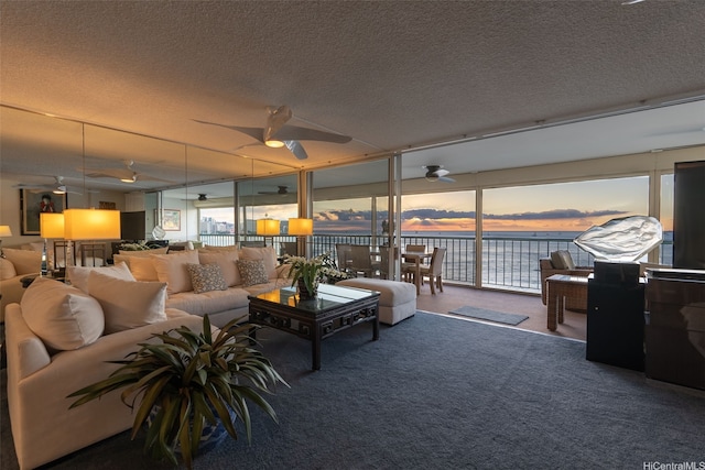 2877 Kalakaua Ave Unit 503/504, Honolulu, HI 96815 - carpeted living area featuring a textured ceiling, a ceiling fan, and a water view