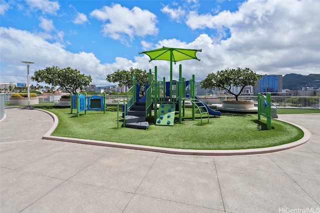 view of jungle gym featuring a yard