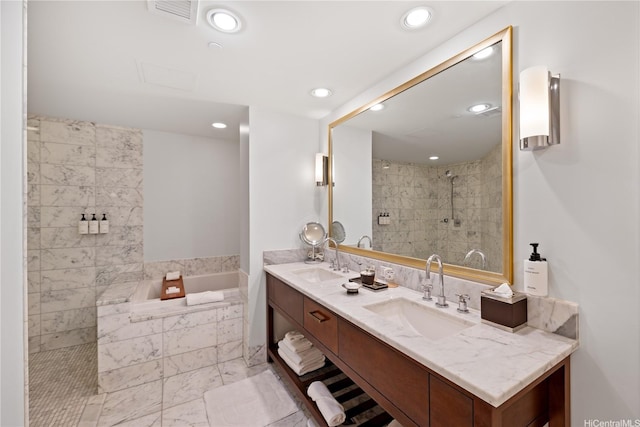 223 Saratoga Rd Unit 2708, Honolulu, HI 96815 - bathroom featuring double vanity, a garden tub, tiled shower, recessed lighting, and marble look tile flooring