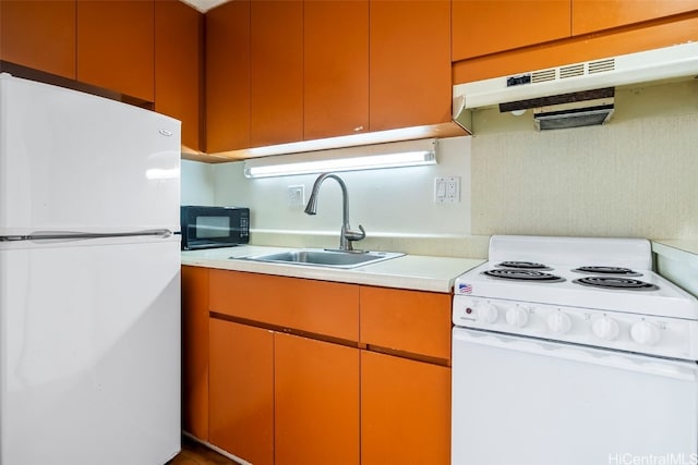 kitchen with sink, exhaust hood, and white appliances