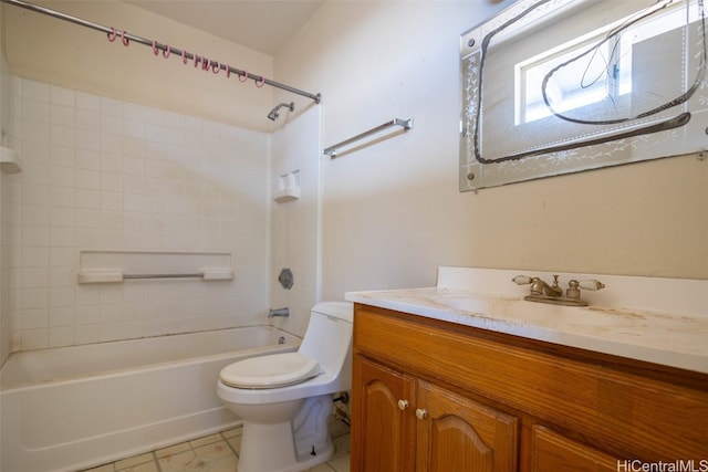 full bathroom featuring vanity, bathtub / shower combination, and toilet