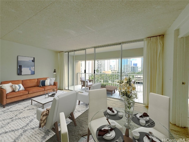 carpeted living room with a textured ceiling