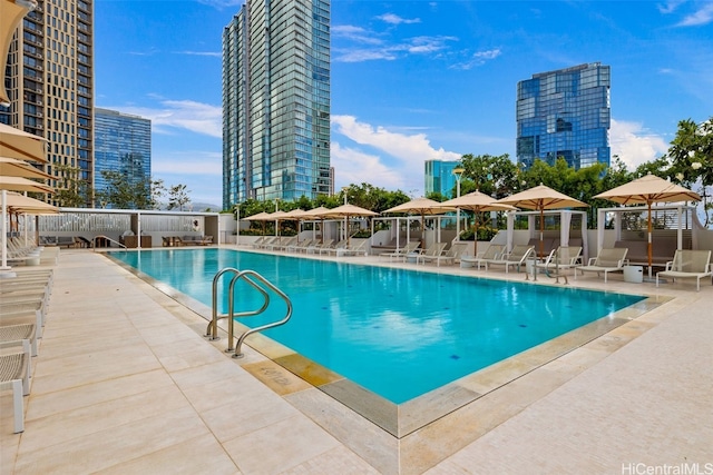 view of swimming pool featuring a patio area