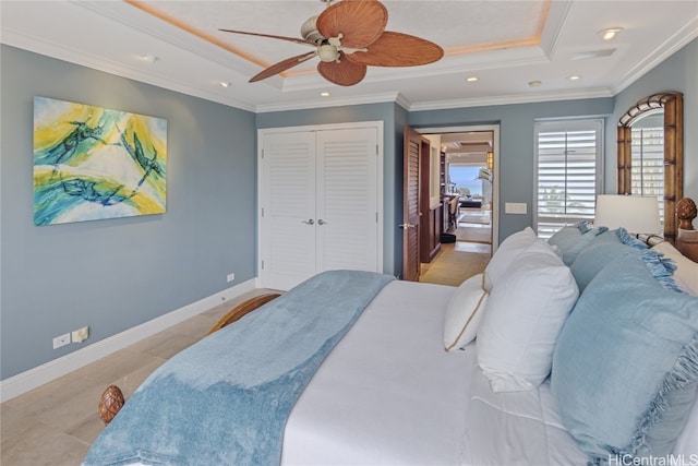 bedroom with a closet, ceiling fan, crown molding, and light tile patterned floors